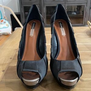 BCBG MaxAzria black satin platform peep toe heels